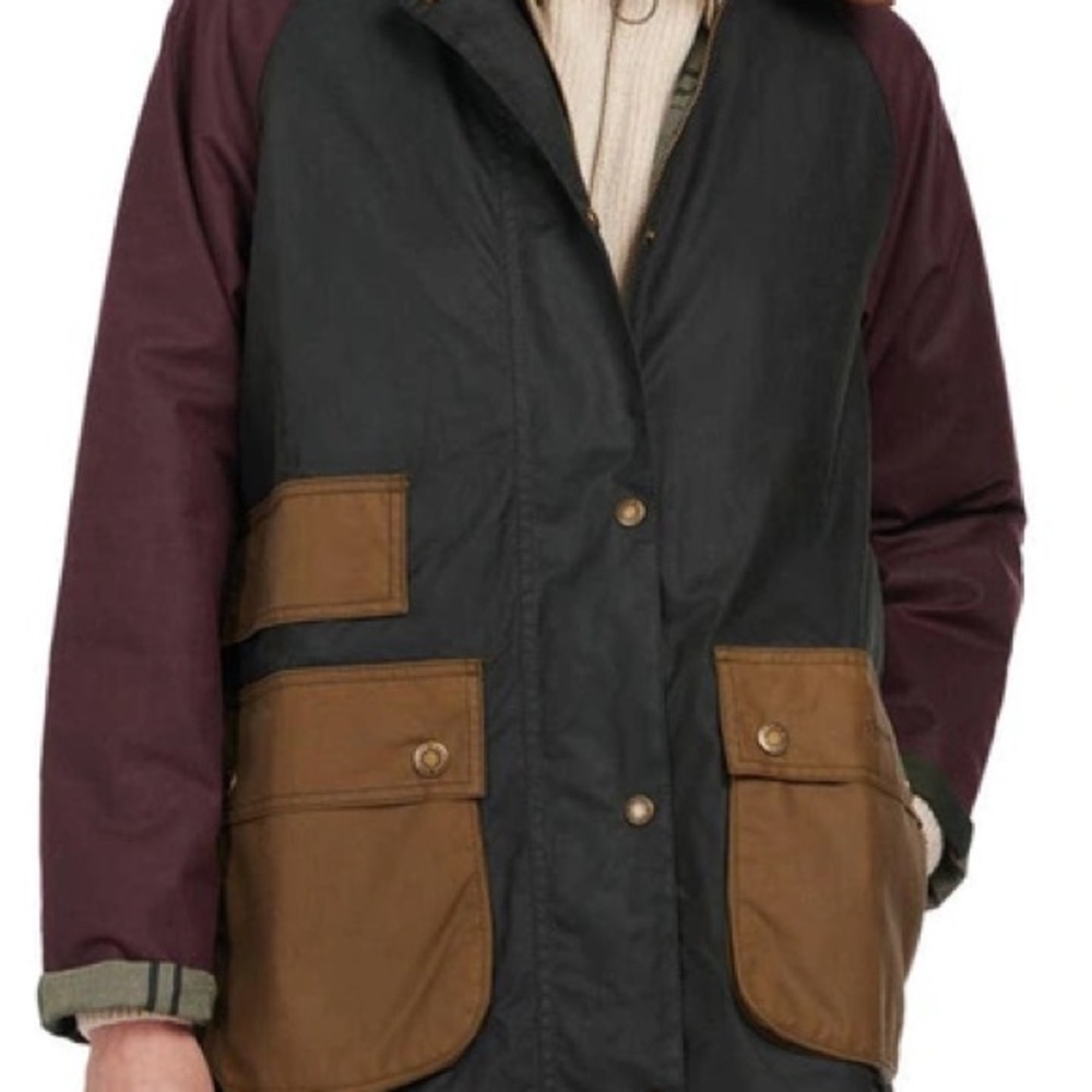 Barbour waxed field raincoat in Burgundy / Olive / Brown